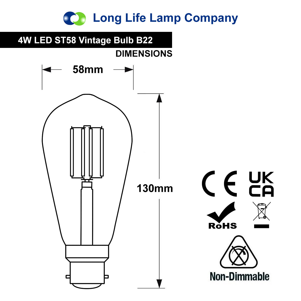 4W Red LED Vintage Filament ST58 Light Bulb with B22 Bayonet Fitting and Clear Glass for Feature Lighting
