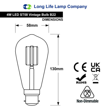 4W Red LED Vintage Filament ST58 Light Bulb with B22 Bayonet Fitting and Clear Glass for Feature Lighting