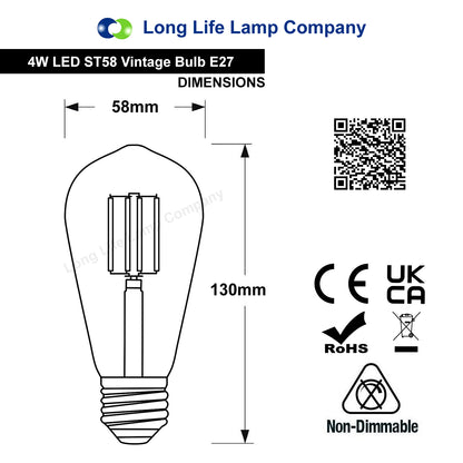 4W Blue LED Vintage ST58 Filament Bulb with E27 Edison Screw and Clear Glass for Ambient Feature Lighting