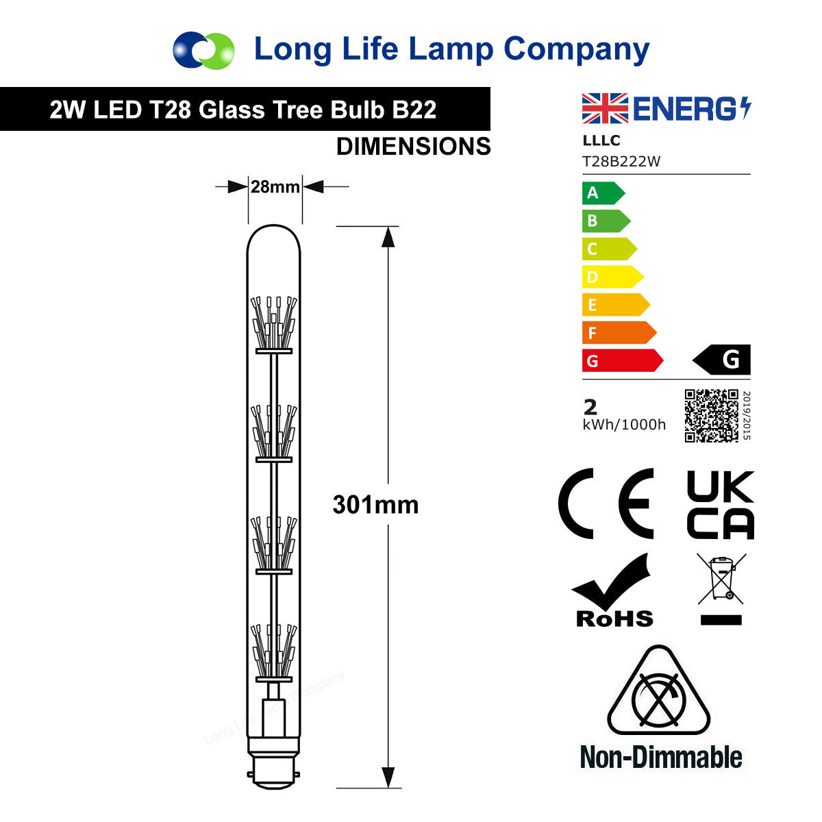 2W Vintage LED T28 Tube Bulb with B22 Bayonet Fitting and Clear Glass for Warm White Decorative Lighting