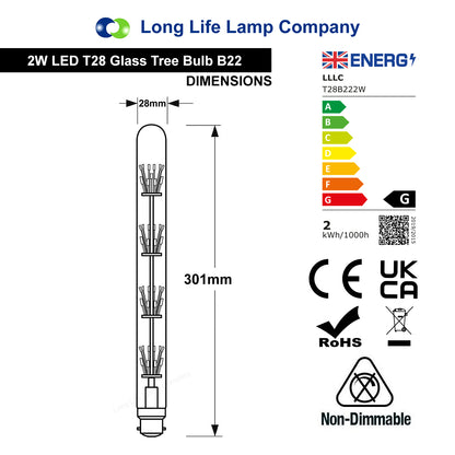 2W Vintage LED T28 Tube Bulb with B22 Bayonet Fitting and Clear Glass for Warm White Decorative Lighting