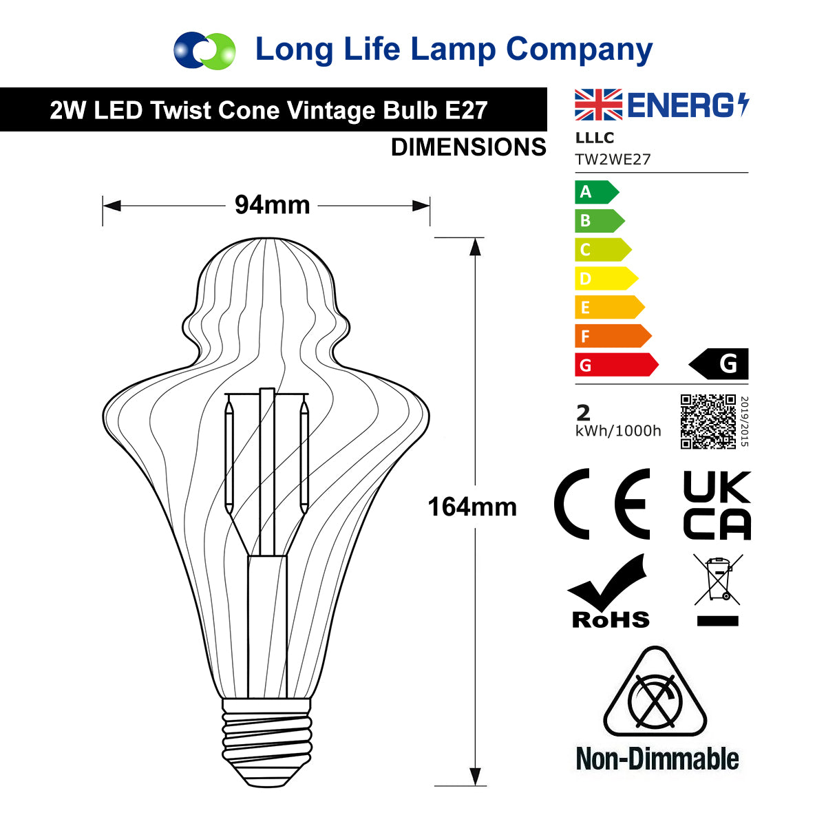 Imperial Vintage LED 2w Filament Light Bulb Swirling Gold Glass E27 Stunning Look Twist Cone
