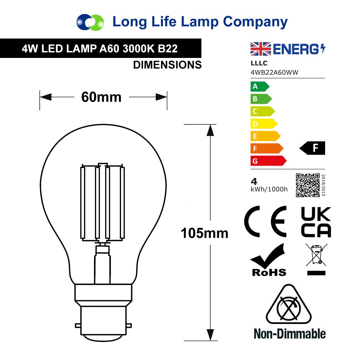 A60 4W LED Filament Light Bulb Warm White B22 Edison Screw Clear Glass - Free delivery on all orders