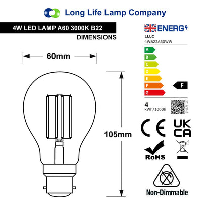 A60 4W LED Filament Light Bulb Warm White B22 Edison Screw Clear Glass - Free delivery on all orders