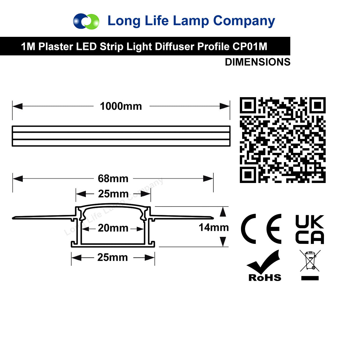 Aluminium Plaster - in LED Profile 1 metre Opaque Diffuser Trimless CP01M 2 Pack or 5 Pack - Energy Light Bulbs - Free delivery on all orders