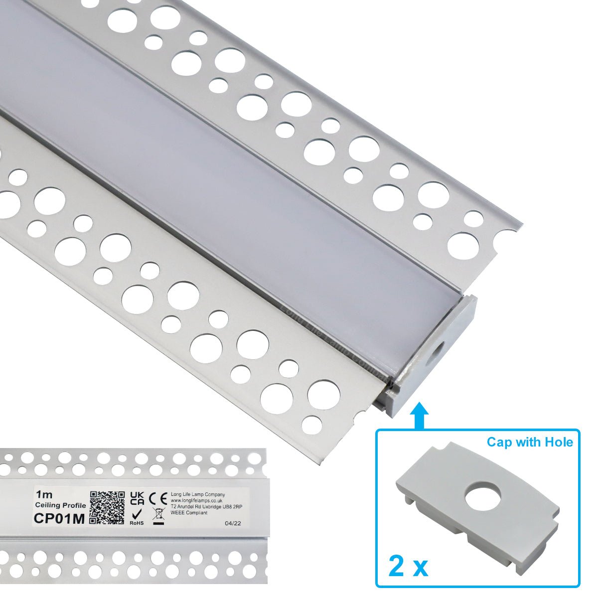 Aluminium Plaster - in LED Profile 1 metre Opaque Diffuser Trimless CP01M 2 Pack or 5 Pack - Energy Light Bulbs - Free delivery on all orders