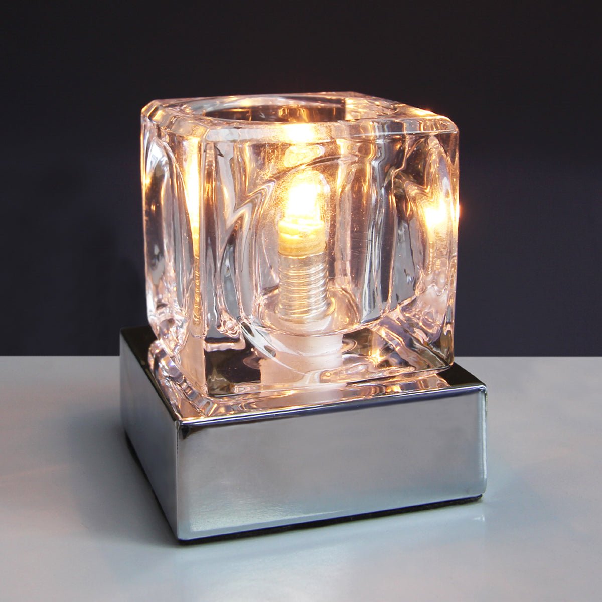 Ambient Glass Cube Touch Dimmable Table Lamp Chrome Base with Free G9 25w Bulb - Energy Light Bulbs - Free delivery on all orders