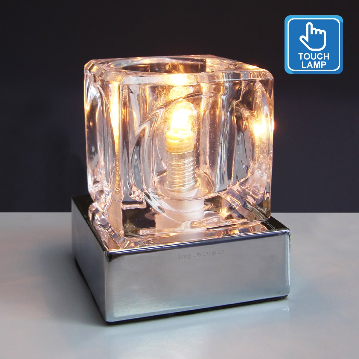 Ambient Glass Cube Touch Dimmable Table Lamp Chrome Base with Free G9 25w Bulb - Energy Light Bulbs - Free delivery on all orders
