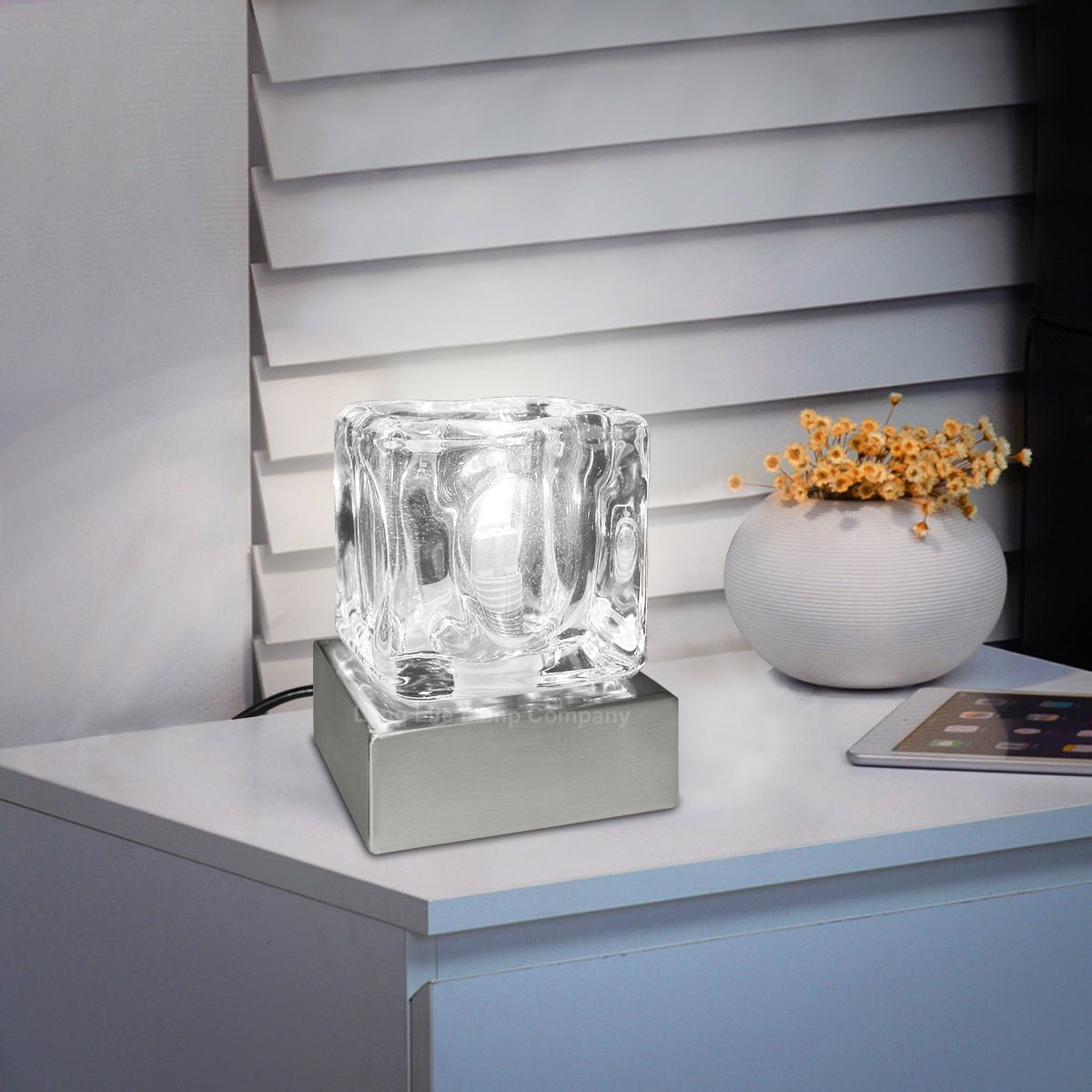 Ambient Glass Ice Cube Touch Dimmable Table Lamp Chrome Brush Satin Base with G9 Bulb - Energy Light Bulbs - Free delivery on all orders