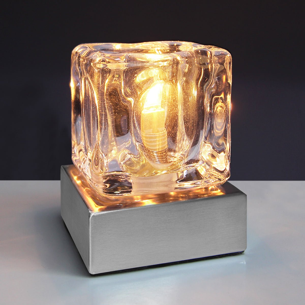 Ambient Glass Ice Cube Touch Dimmable Table Lamp Chrome Brush Satin Base with G9 Bulb - Energy Light Bulbs - Free delivery on all orders