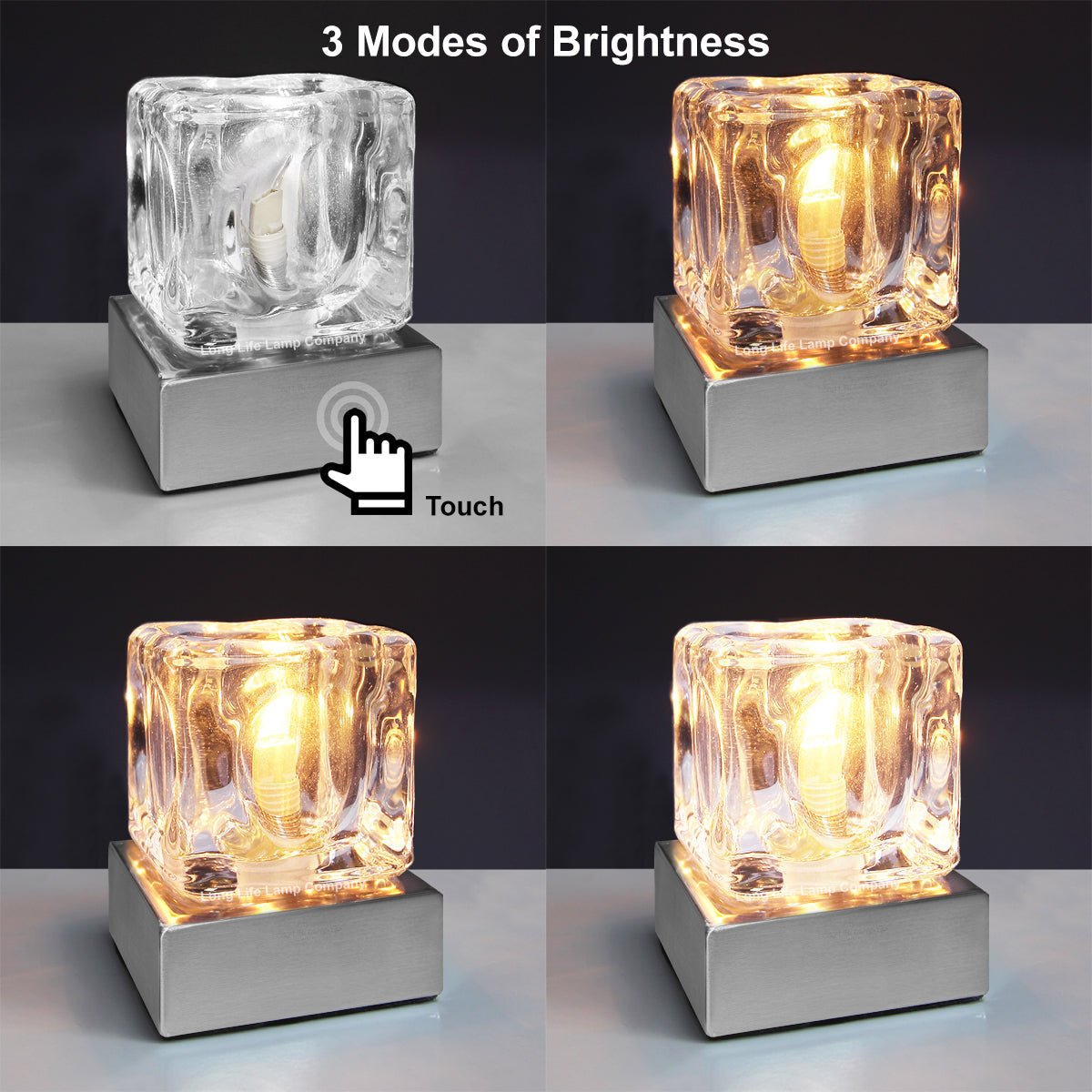 Ambient Glass Ice Cube Touch Dimmable Table Lamp Chrome Brush Satin Base with G9 Bulb - Energy Light Bulbs - Free delivery on all orders