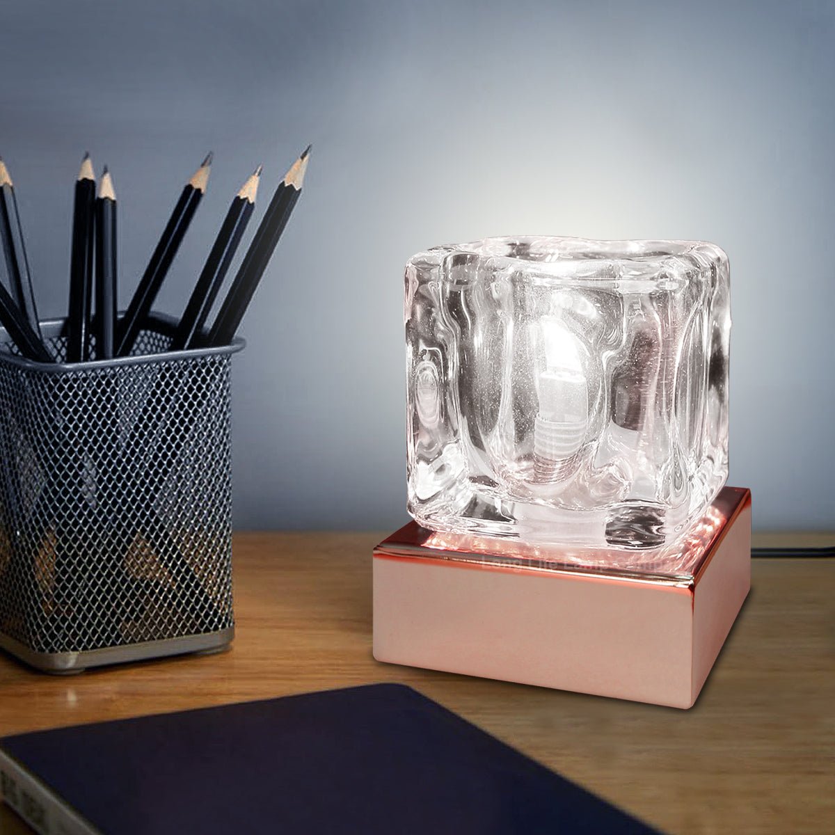 Ambient Glass Ice Cube Touch Dimmable Table Lamp Copper Base with G9 Bulb - Energy Light Bulbs - Free delivery on all orders