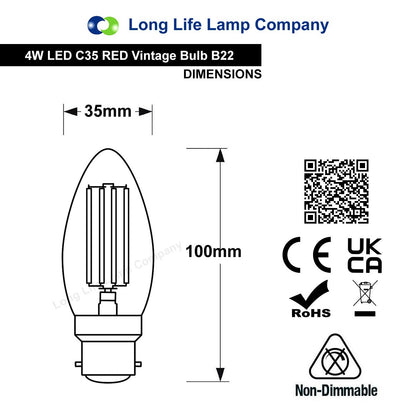 Ambient Vintage 4w LED Red Candle Light Bulb B22 Bayonet Clear Glass - Energy Light Bulbs - Free delivery on all orders