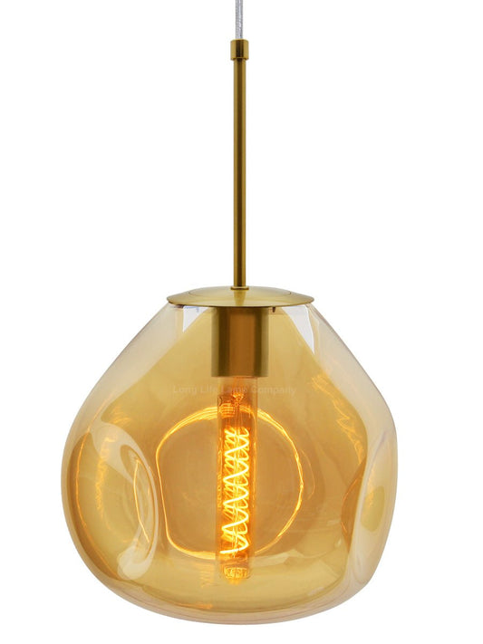 Antique Brass Blown Glass Ceiling Pendant Light Smoked Amber Globe Lamp Shade - Energy Light Bulbs - Free delivery on all orders