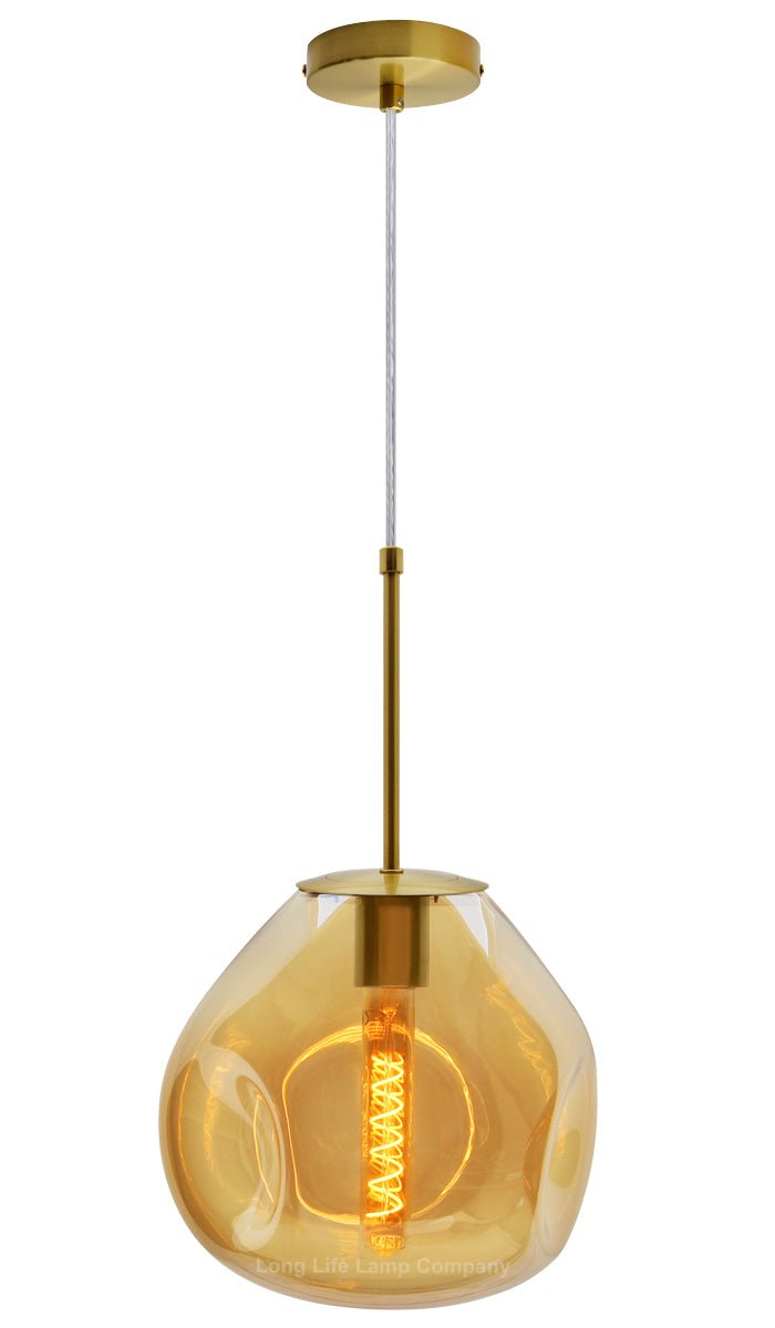 Antique Brass Blown Glass Ceiling Pendant Light Smoked Amber Globe Lamp Shade - Energy Light Bulbs - Free delivery on all orders