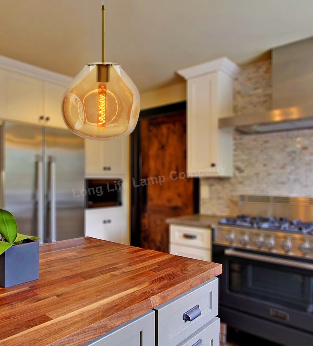 Antique Brass Blown Glass Ceiling Pendant Light Smoked Amber Globe Lamp Shade - Energy Light Bulbs - Free delivery on all orders