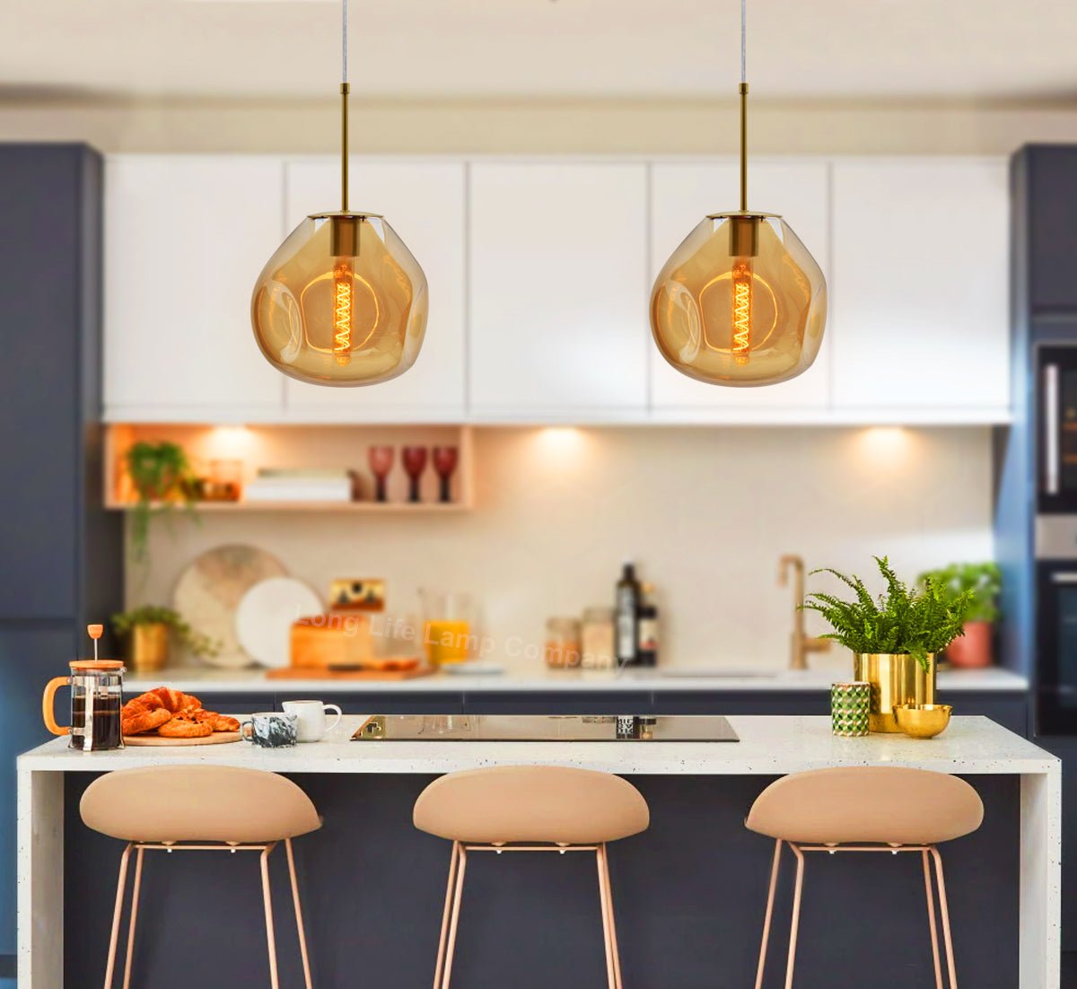 Antique Brass Blown Glass Ceiling Pendant Light Smoked Amber Globe Lamp Shade - Energy Light Bulbs - Free delivery on all orders