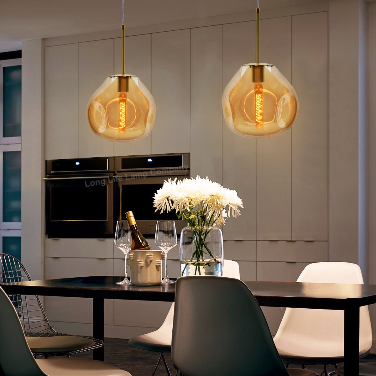 Antique Brass Blown Glass Ceiling Pendant Light Smoked Amber Globe Lamp Shade - Energy Light Bulbs - Free delivery on all orders