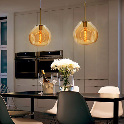 Antique Brass Blown Glass Ceiling Pendant Light Smoked Amber Globe Lamp Shade - Energy Light Bulbs - Free delivery on all orders