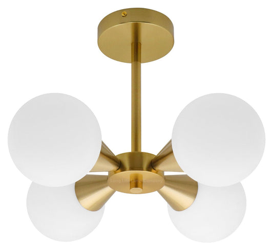 Antique Brass Ceiling Pendant Light with 4 Opal Globe Frosted Glass Lamp Shades - Energy Light Bulbs - Free delivery on all orders