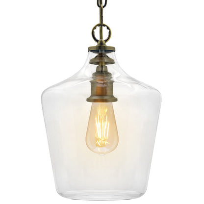 Industrial antique brass ceiling pendant light with a clear bell-shaped glass shade and E27 bulb holder