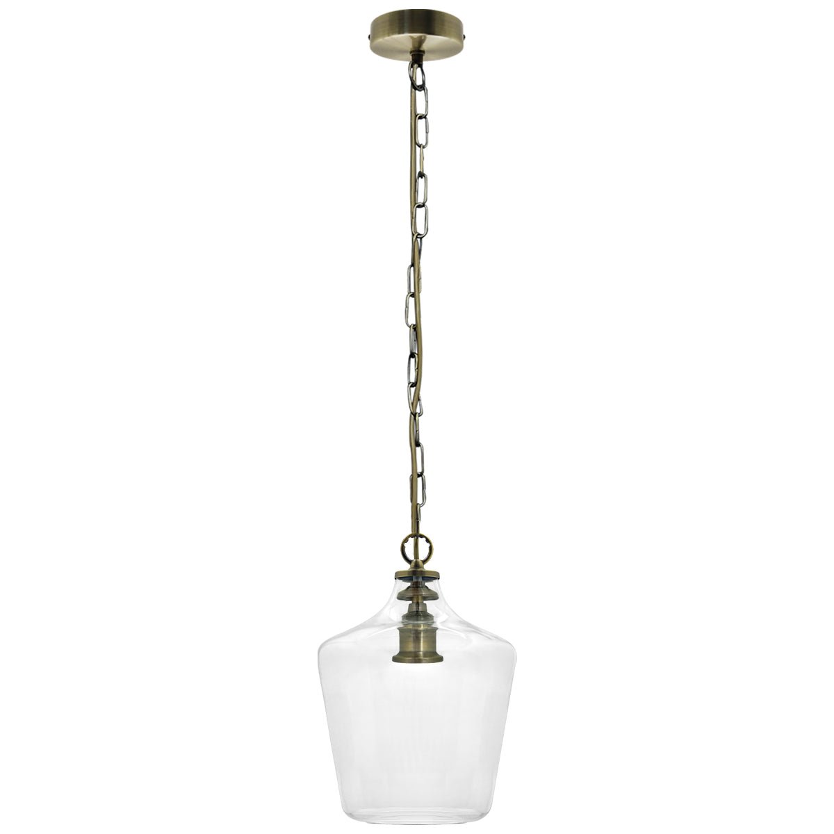 Vintage industrial ceiling pendant with transparent bell glass shade and warm antique brass finish