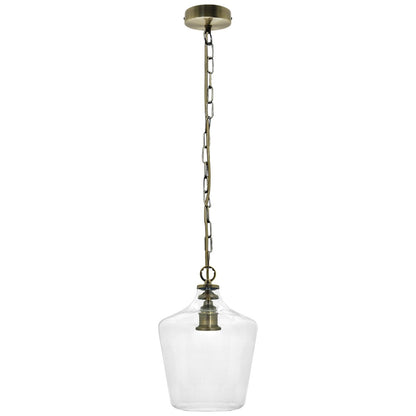 Vintage industrial ceiling pendant with transparent bell glass shade and warm antique brass finish
