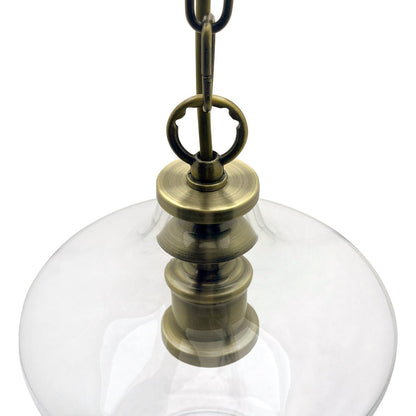 Single-light antique brass pendant fitting with clear glass bell shade and Edison screw bulb holder