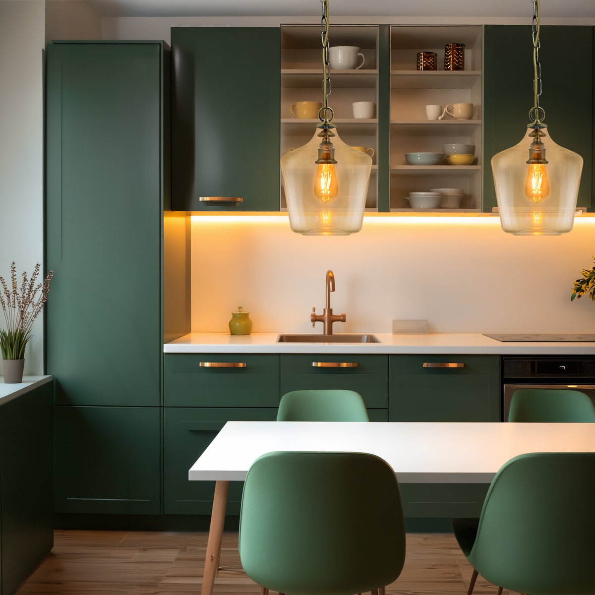 Industrial E27 ceiling light with an antique brass finish and elegant clear glass bell-shaped shade