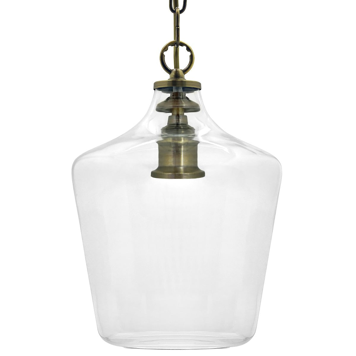 Bell-shaped clear glass ceiling pendant with a vintage brass-effect fitting and visible E27 light bulb
