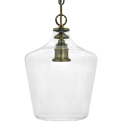 Bell-shaped clear glass ceiling pendant with a vintage brass-effect fitting and visible E27 light bulb