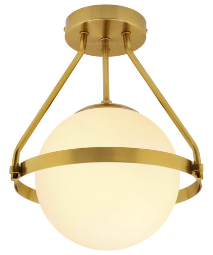 Antique Brass Semi Flush Mount Ceiling Light Frosted Glass Globe - Energy Light Bulbs - Free delivery on all orders