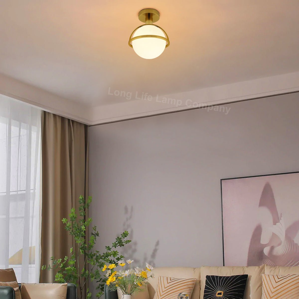 Antique Brass Semi Flush Mount Ceiling Light Frosted Glass Globe - Energy Light Bulbs - Free delivery on all orders