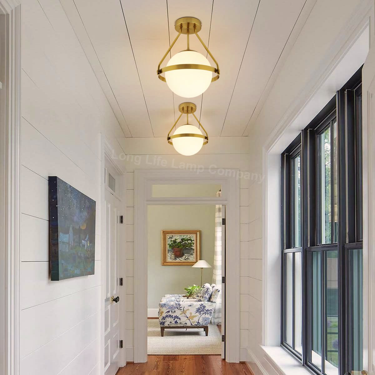 Antique Brass Semi Flush Mount Ceiling Light Frosted Glass Globe - Energy Light Bulbs - Free delivery on all orders