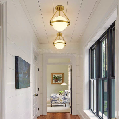 Antique Brass Semi Flush Mount Ceiling Light Frosted Glass Globe - Energy Light Bulbs - Free delivery on all orders