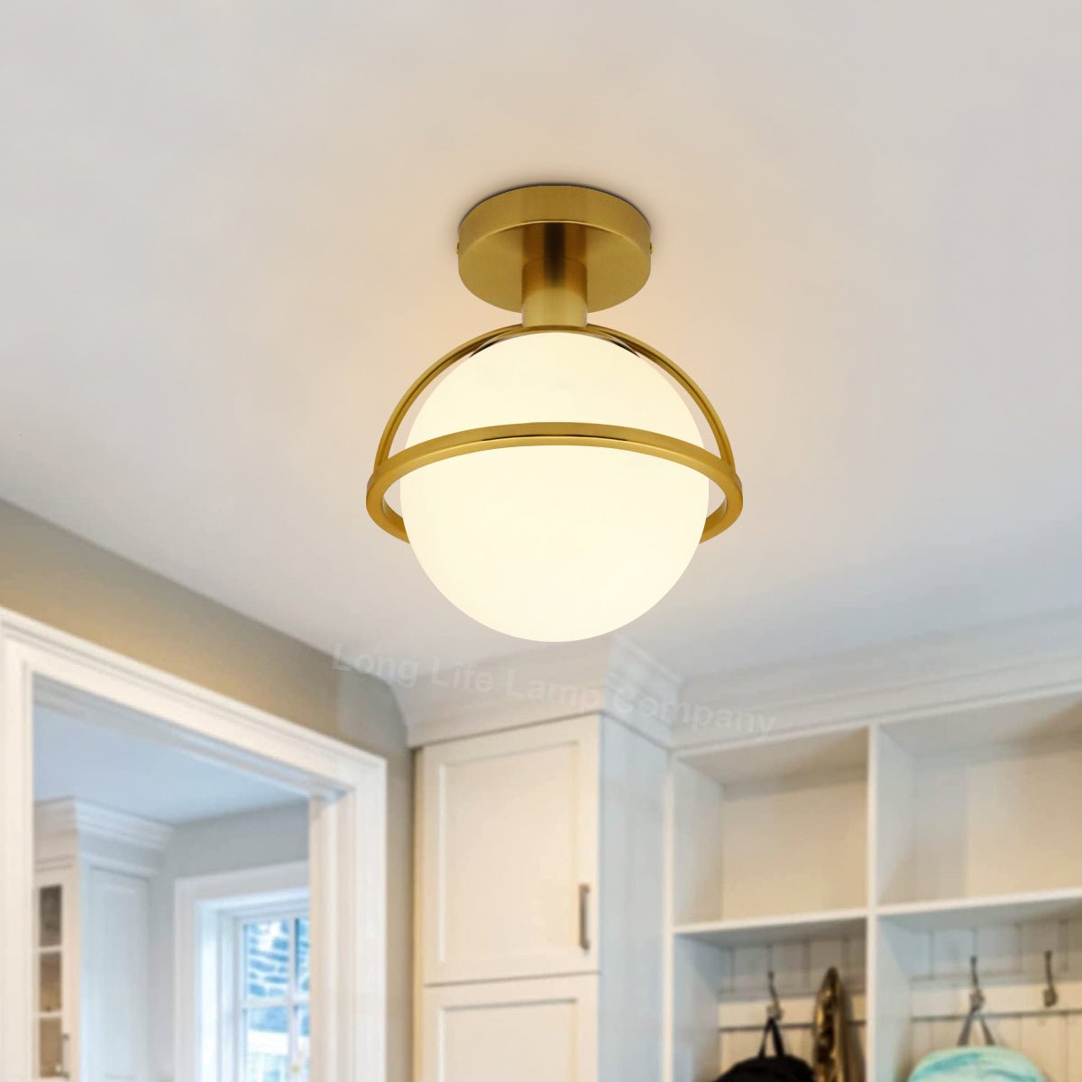 Antique Brass Semi Flush Mount Ceiling Light Frosted Glass Globe - Energy Light Bulbs - Free delivery on all orders