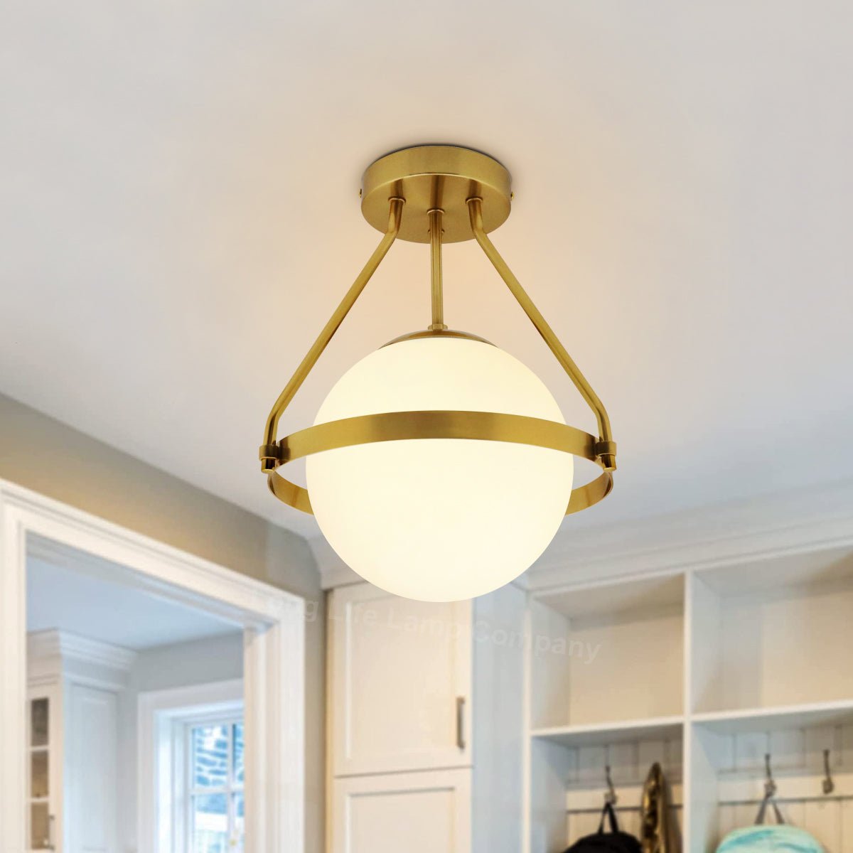 Antique Brass Semi Flush Mount Ceiling Light Frosted Glass Globe - Energy Light Bulbs - Free delivery on all orders
