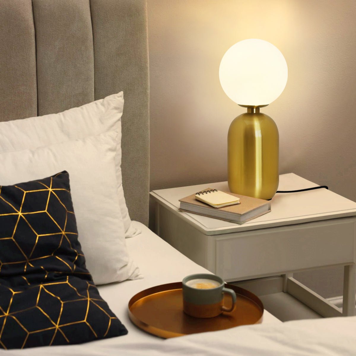 Antique Brass Table Lamp Frosted Glass Globe Shade Bedside Light - Energy Light Bulbs - Free delivery on all orders