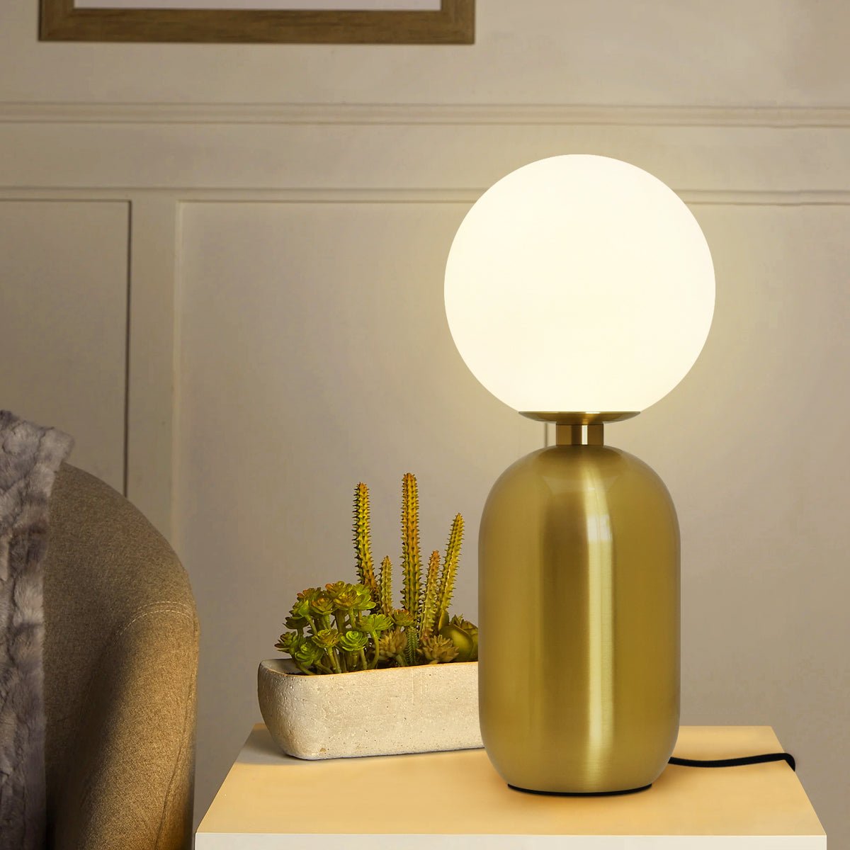 Antique Brass Table Lamp Frosted Glass Globe Shade Bedside Light - Energy Light Bulbs - Free delivery on all orders