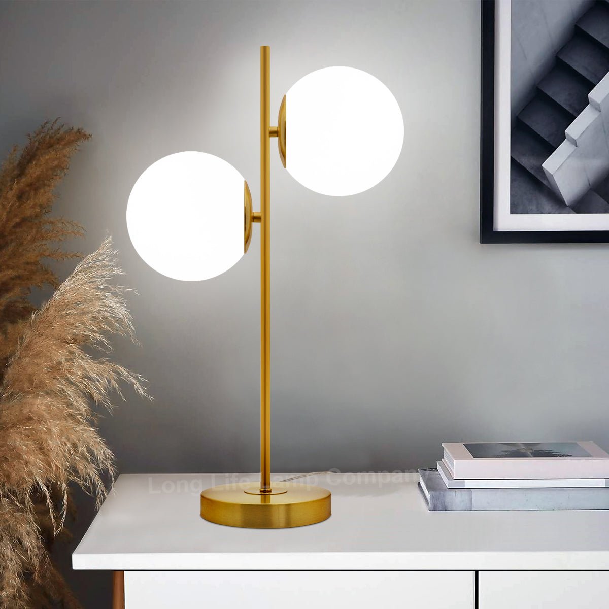 Antique Brass Table Lamp Twin Opal Globe Frosted Glass Shades - Energy Light Bulbs - Free delivery on all orders