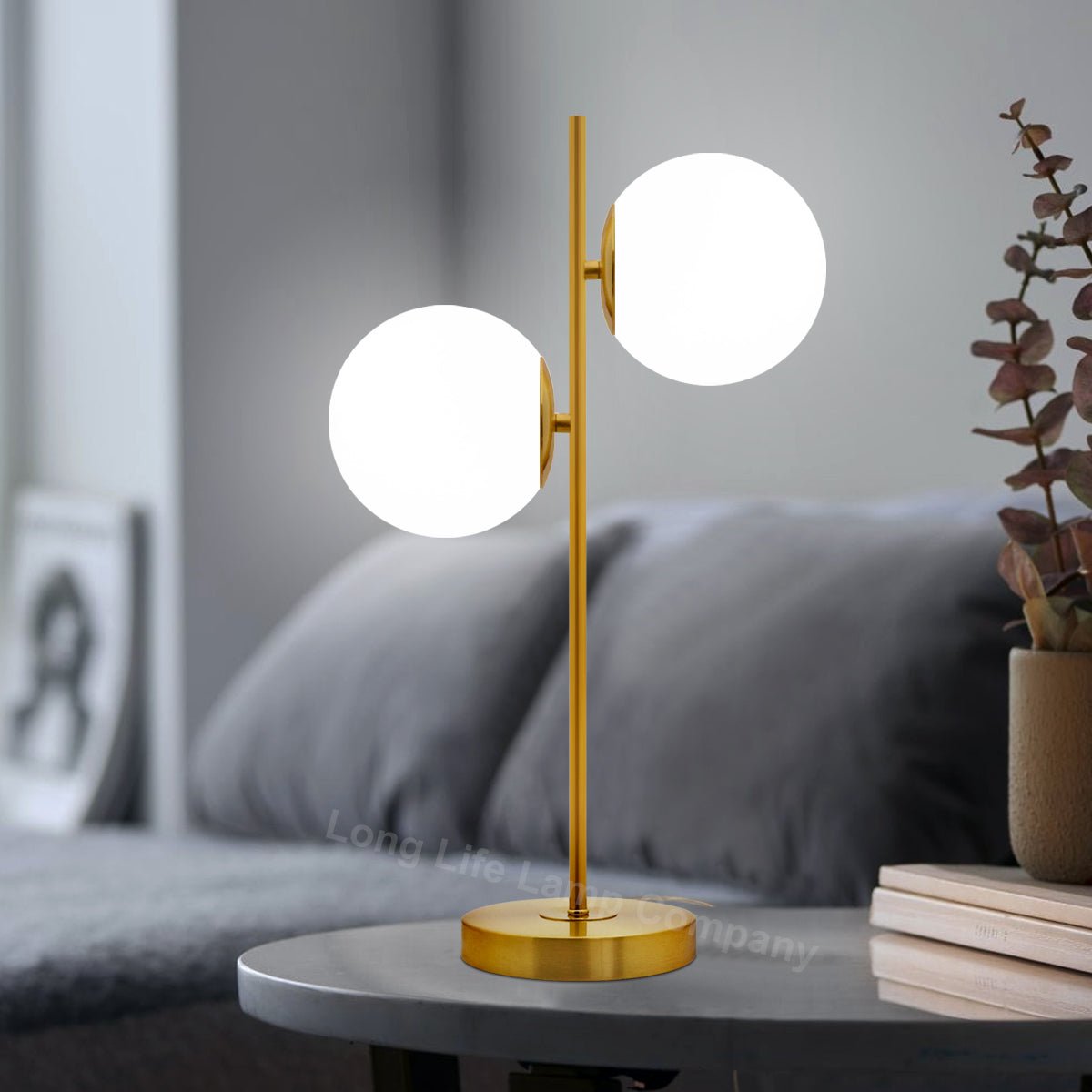 Antique Brass Table Lamp Twin Opal Globe Frosted Glass Shades - Energy Light Bulbs - Free delivery on all orders