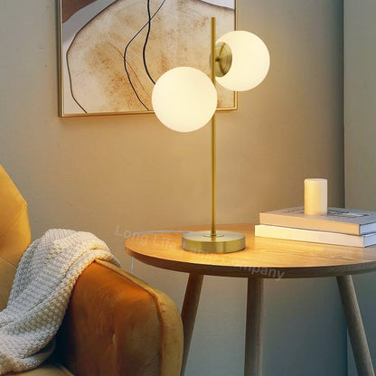 Antique Brass Table Lamp Twin Opal Globe Frosted Glass Shades - Energy Light Bulbs - Free delivery on all orders