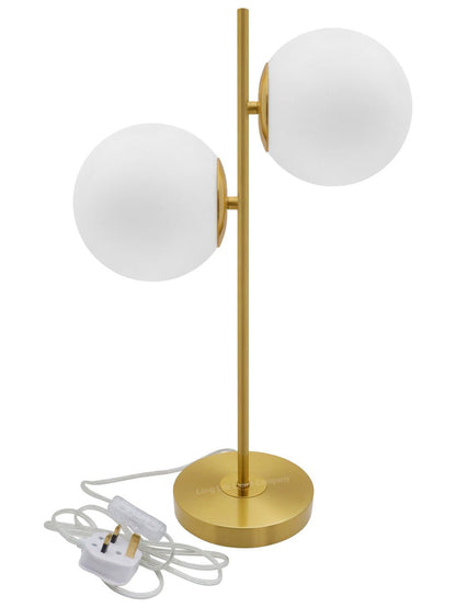 Antique Brass Table Lamp Twin Opal Globe Frosted Glass Shades - Energy Light Bulbs - Free delivery on all orders