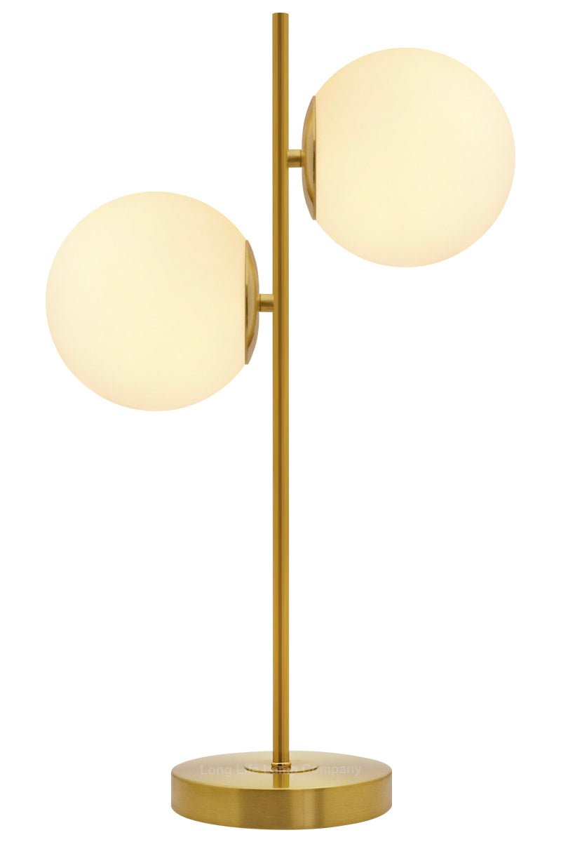 Antique Brass Table Lamp Twin Opal Globe Frosted Glass Shades - Energy Light Bulbs - Free delivery on all orders