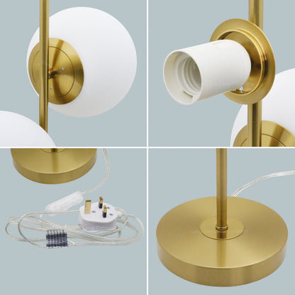 Antique Brass Table Lamp Twin Opal Globe Frosted Glass Shades - Energy Light Bulbs - Free delivery on all orders