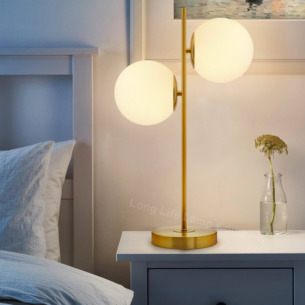 Antique Brass Table Lamp Twin Opal Globe Frosted Glass Shades - Energy Light Bulbs - Free delivery on all orders