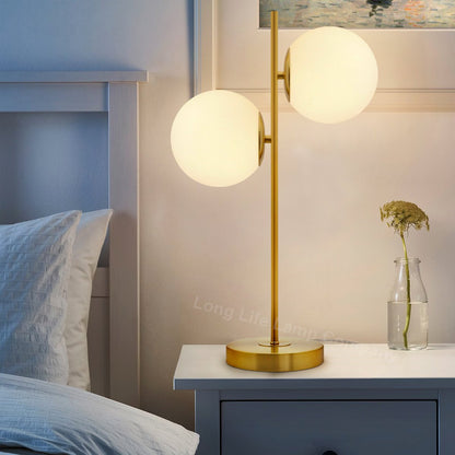 Antique Brass Table Lamp Twin Opal Globe Frosted Glass Shades - Energy Light Bulbs - Free delivery on all orders
