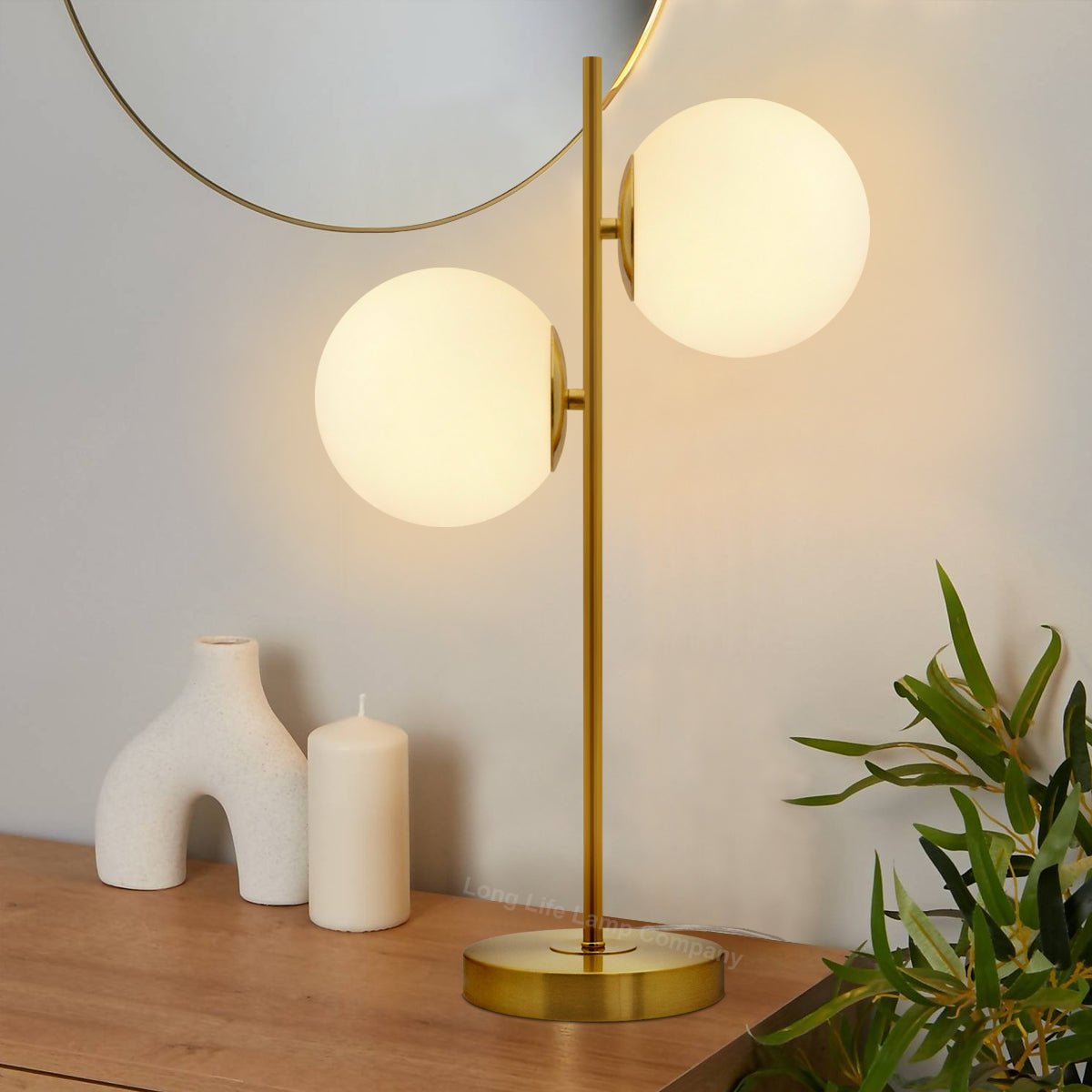 Antique Brass Table Lamp Twin Opal Globe Frosted Glass Shades - Energy Light Bulbs - Free delivery on all orders