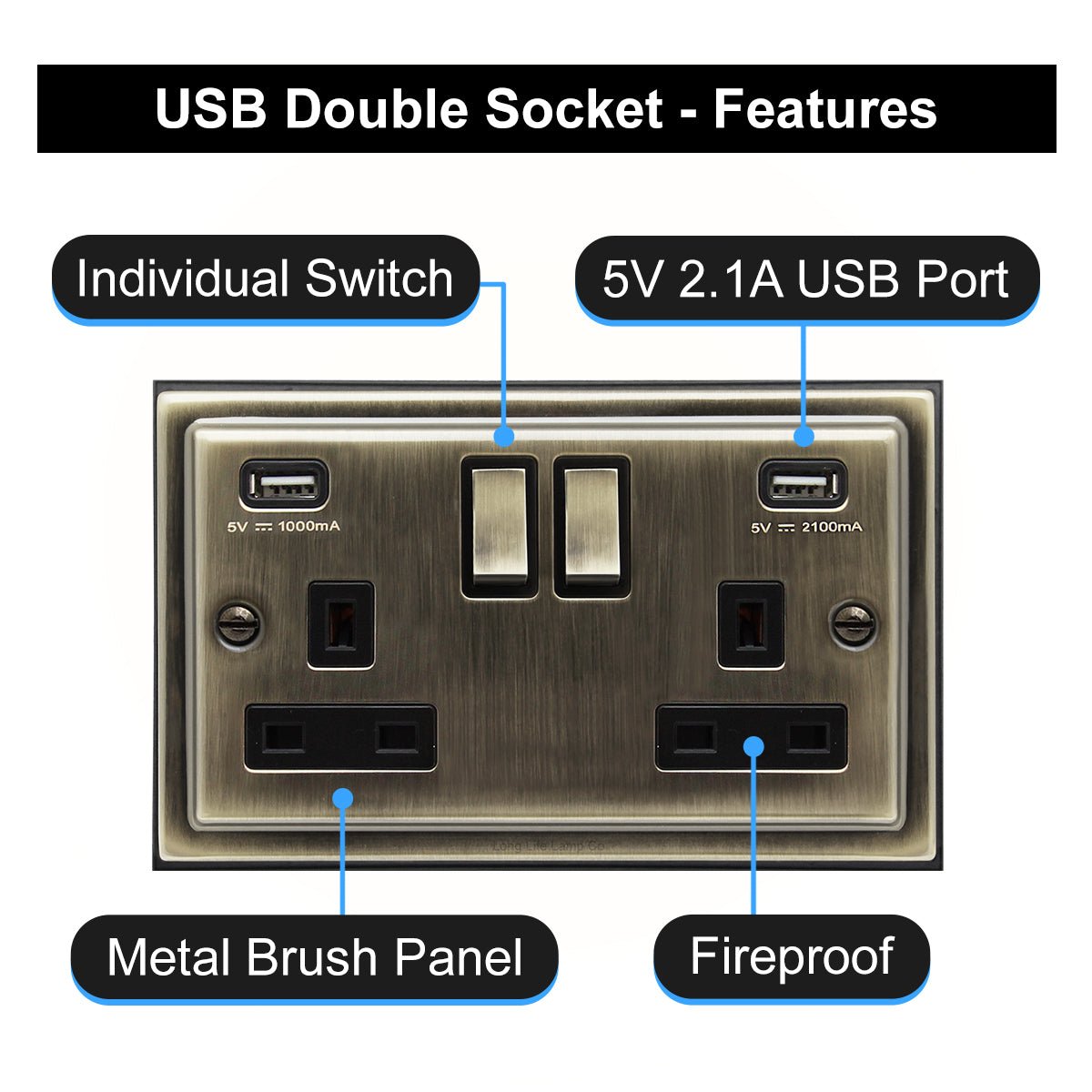 Antique Brass USB Double Wall Plug Socket 2 Gang 13A with 2 USB Charger Port Outlets Socket Plate BE776KME - Energy Light Bulbs - Free delivery on all orders