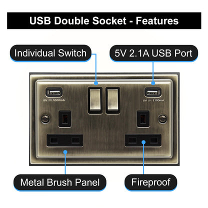 Antique Brass USB Double Wall Plug Socket 2 Gang 13A with 2 USB Charger Port Outlets Socket Plate BE776KME - Energy Light Bulbs - Free delivery on all orders